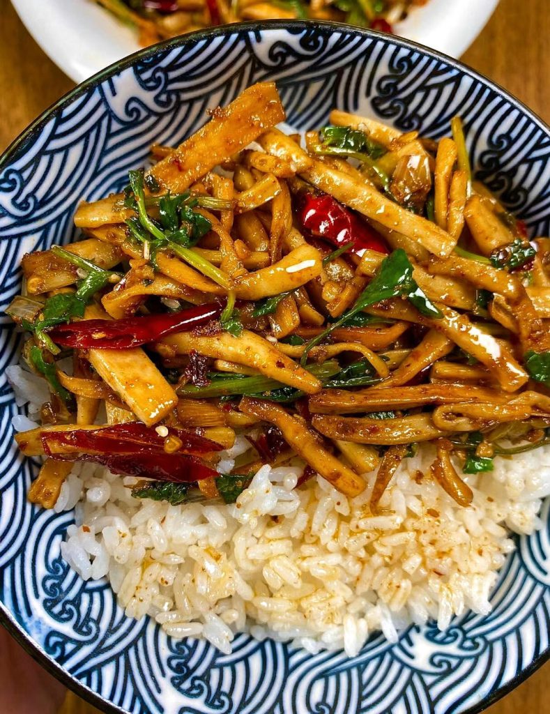 Dry-Fried King Oyster Mushrooms & rice companion