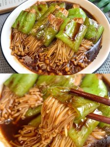 Pan-Fried Enoki Mushrooms Stuffed in Tiger Skin Peppers (Jin Zhen Gu Hu Pi Qing Jiao)