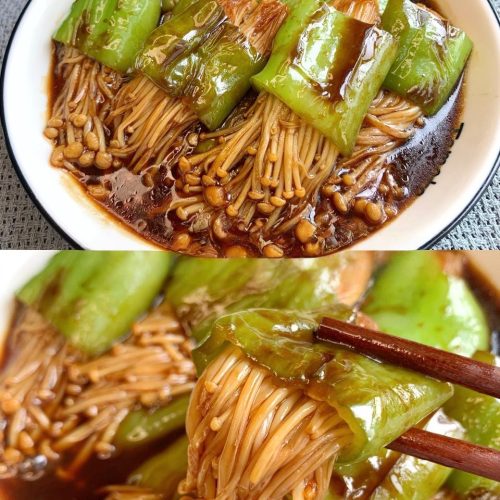 Pan-Fried Enoki Mushrooms Stuffed in Tiger Skin Peppers (Jin Zhen Gu Hu Pi Qing Jiao)