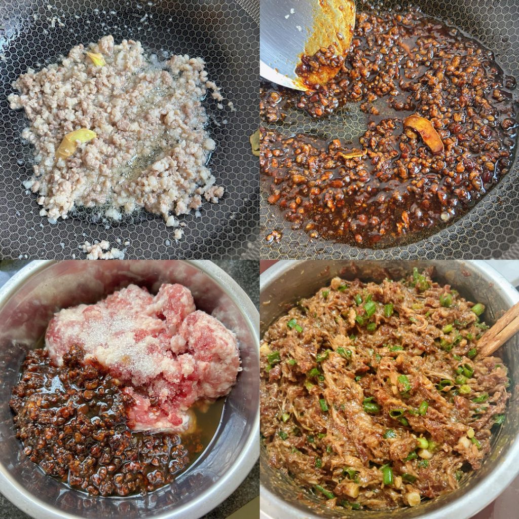 Add the 1/3 portion of ground pork.