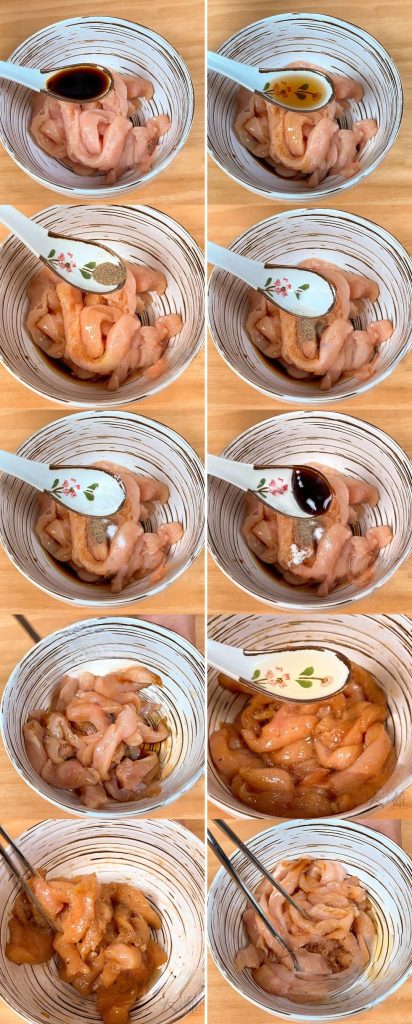 Mix chicken strips with Shaoxing wine, soy sauce, black pepper, salt, sugar, and oyster sauce