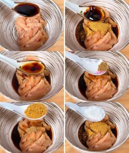 Take the cubed chicken (3cm chunks). Mix with soy sauce, oyster sauce, wine, Thirteen Spice, BBQ seasoning, and starch. The starch here acts as a binder to keep the inside juicy. Marinate for 20 minutes.
