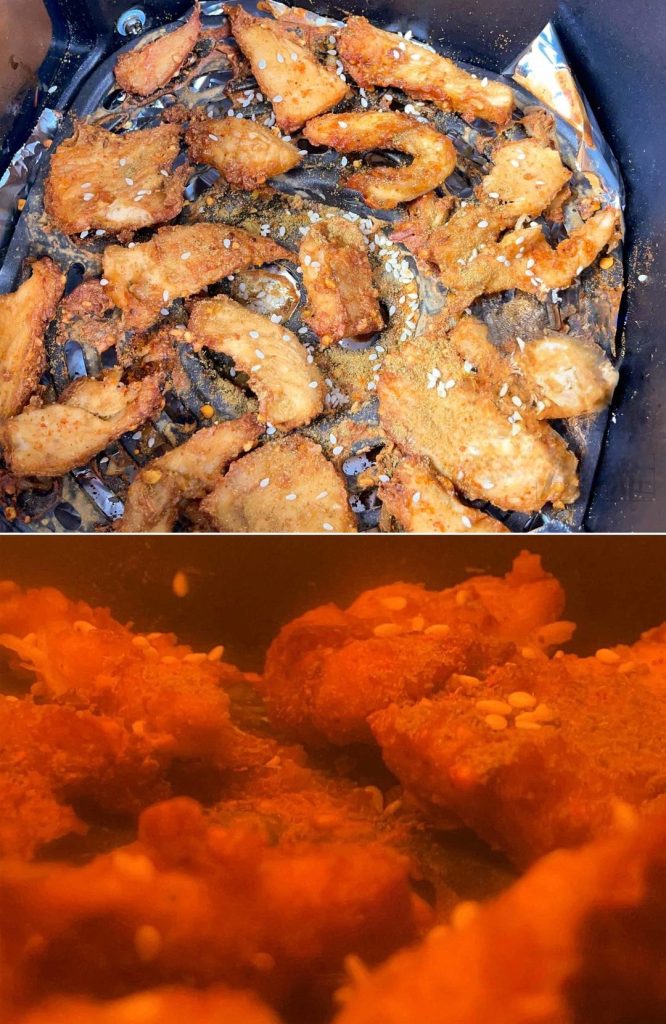 First Bake: Preheat air fryer to 355°F (180°C). Brush basket with oil. Lay chicken cubes in a single layer. Cook for 15 minutes.