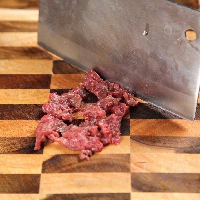Prep the Beef: Dice the partially frozen brisket into small cubes (approx 1/4 inch).