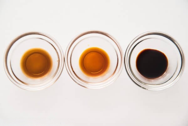 From left: light soy sauce, regular soy sauce, dark soy sauce