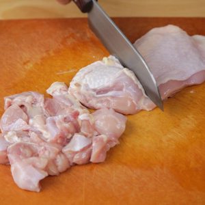 Prep the Chicken: Cut the boneless chicken thighs into 1.2-inch (3cm) cubes.
