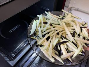 Spread your eggplant strips on a large, microwave-safe plate. Microwave on High for 3 minutes.