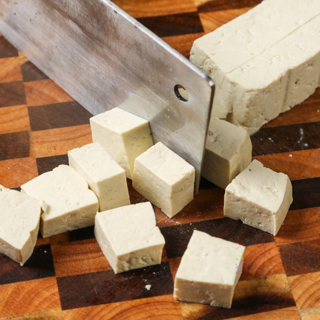Cut the tofu into 2cm (approx. 1 inch) cubes.