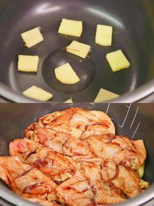 Place the sliced ginger at the bottom of the rice cooker pot and Lay the marinated chicken wings on top of the ginger.