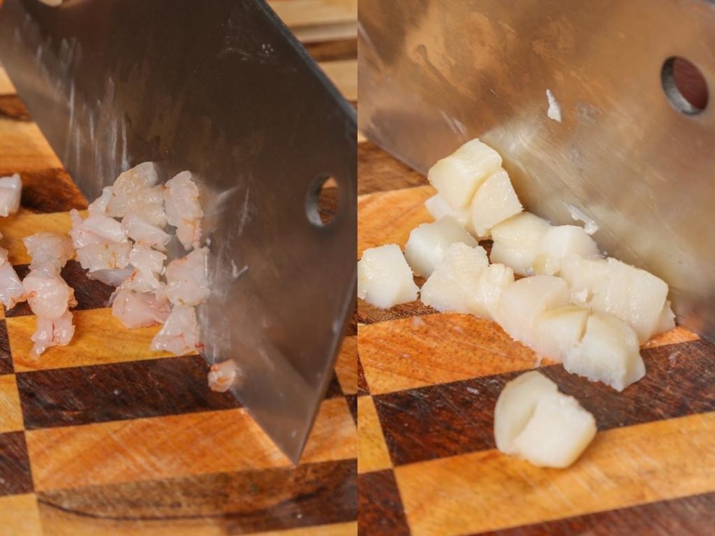 Dice the shrimp and scallops into small pieces, roughly the size of a pea.
