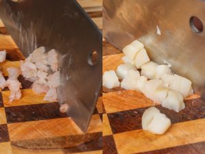 Dice the shrimp and scallops into small pieces, roughly the size of a pea.