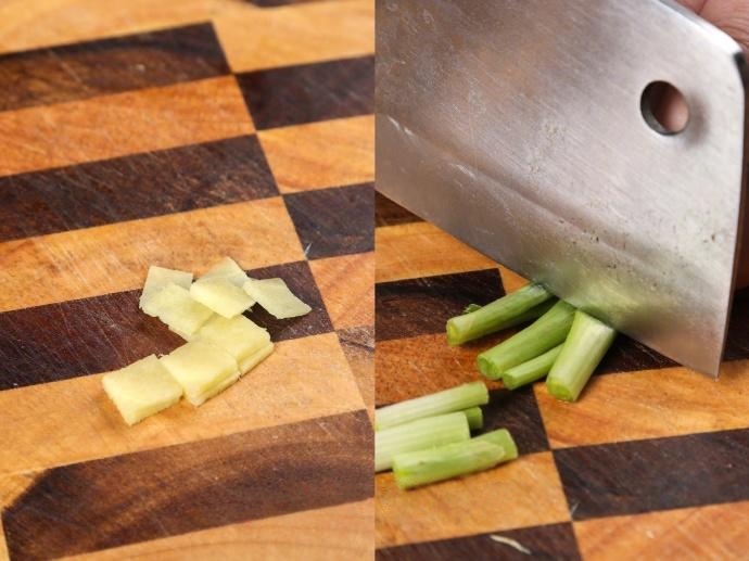 Prepare the Aromatics Wash the vegetables. Slice the ginger into small, thin slices. Cut the scallion into 1-inch segments. Slice the shiitake mushrooms into strips.