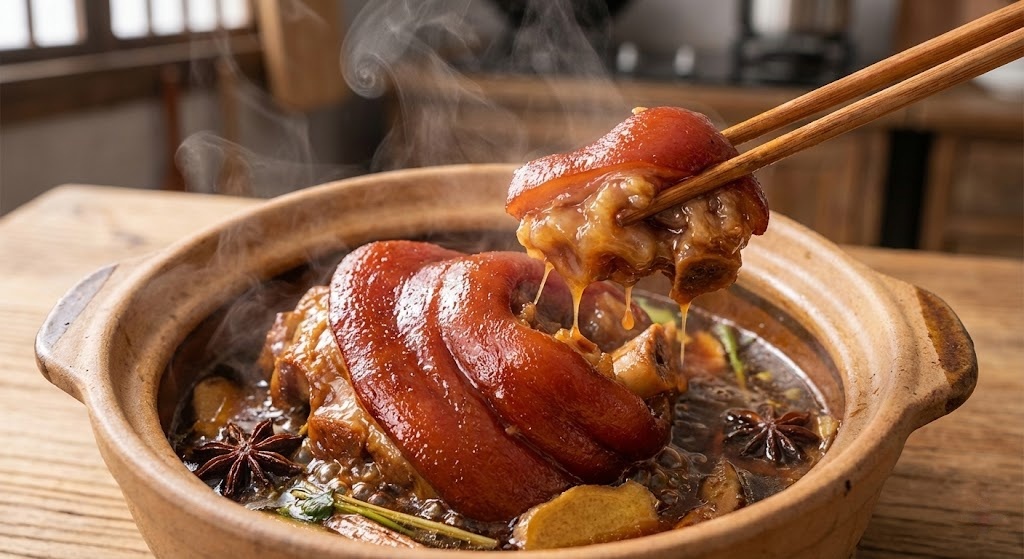 Braised pork knuckle with glossy red skin and rich sauce, held by chopsticks, showing the tender, gelatinous texture.