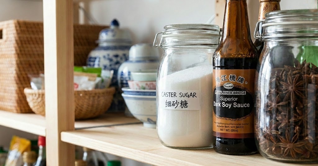 Glass jar of caster sugar stored in a pantry next to Chinese cooking ingredients