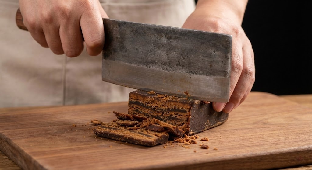 Chopping a block of traditional Chinese red sugar with a cleaver for cooking.