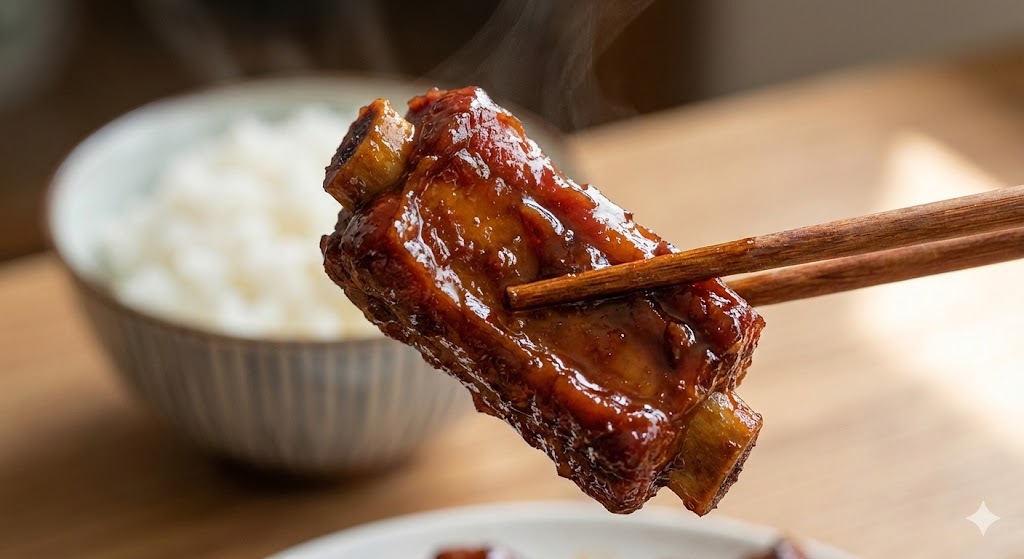 Glossy Chinese braised pork spare ribs held by chopsticks showing tender texture and rich dark soy sauce glaze.