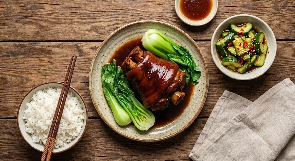 A complete Chinese dinner setting featuring pork knuckle, white rice, and a side of fresh cucumber salad for a balanced meal.
