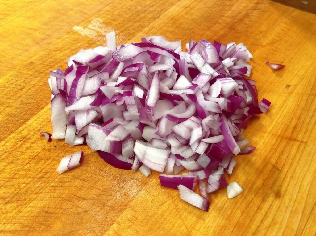 Finely dice the ½ red onion, 5 shiitake mushrooms, and 1 potato.