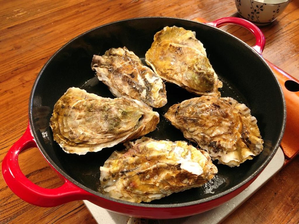 Oysters: The method is similar. Place whole oysters (cup side down) in the pan. Cover and roast for about 15 minutes or until the shells pop open slightly.
