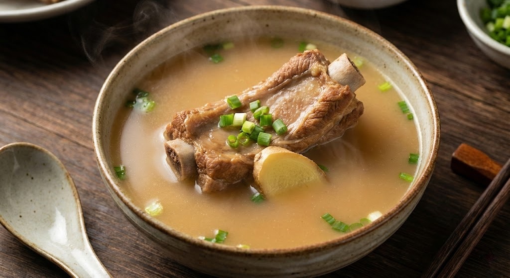 Authentic Chinese pork bone soup with rich golden broth and scallion garnish.