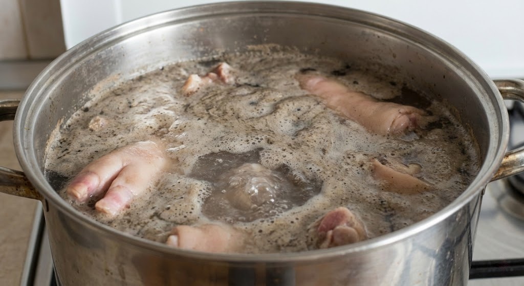 Pork feet blanching in a pot with grey foam rising to the surface to remove impurities.
