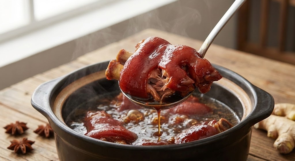 Braised pork trotter covered in glossy soy sauce glaze being lifted with a ladle.