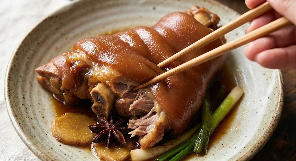 Chopsticks easily piercing tender braised pork skin to test for doneness.