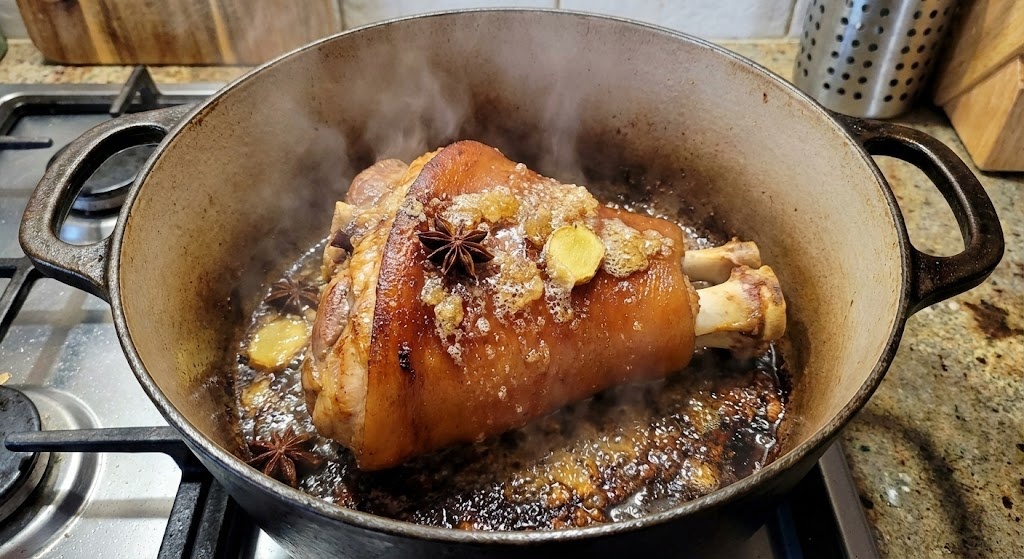 Searing pork hock in a Dutch oven with rock sugar and spices to develop a golden brown color.