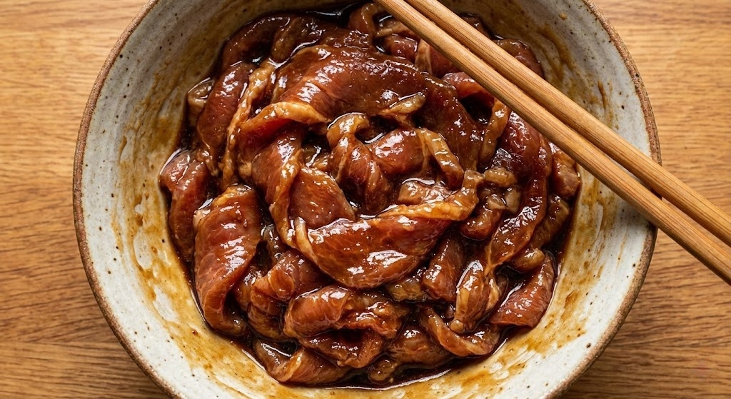 An overhead shot of the sliced pork neck in a bowl, mixed with the marinade. The meat should look glossy and coated, not watery. A pair of chopsticks resting on the bowl.