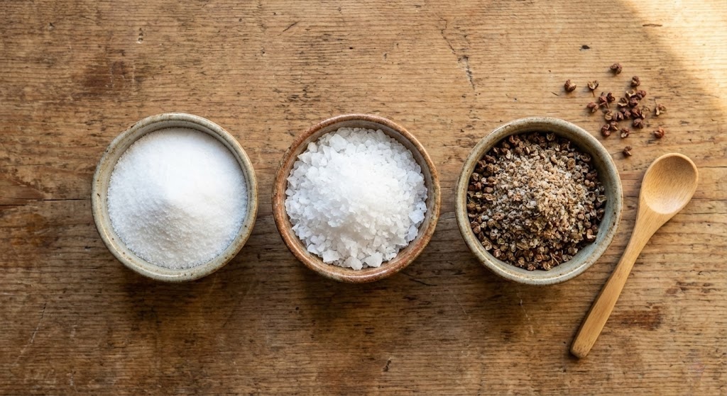 One contains standard fine table salt, one contains flaky sea salt, and the third contains a brownish-grey "Jiao Yan" (toasted Sichuan pepper salt). Small wooden spoons rest in each bowl.