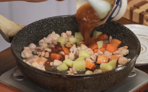 Combine: Add the pre-cooked potato and carrot cubes into the pan. Stir-fry for another minute to combine.