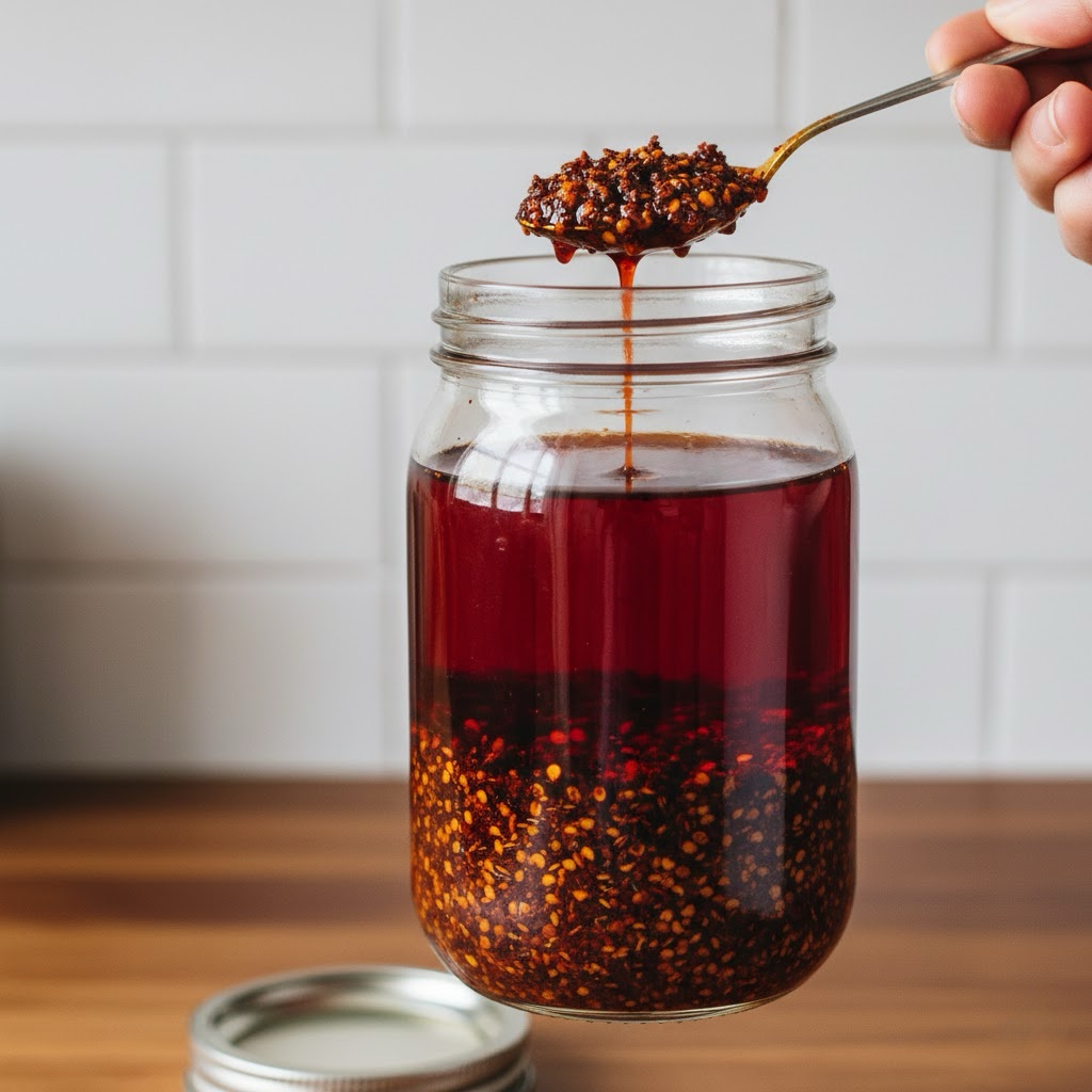 A spoon lifting aromatic Sichuan chili flakes from a jar of homemade red chili oil.