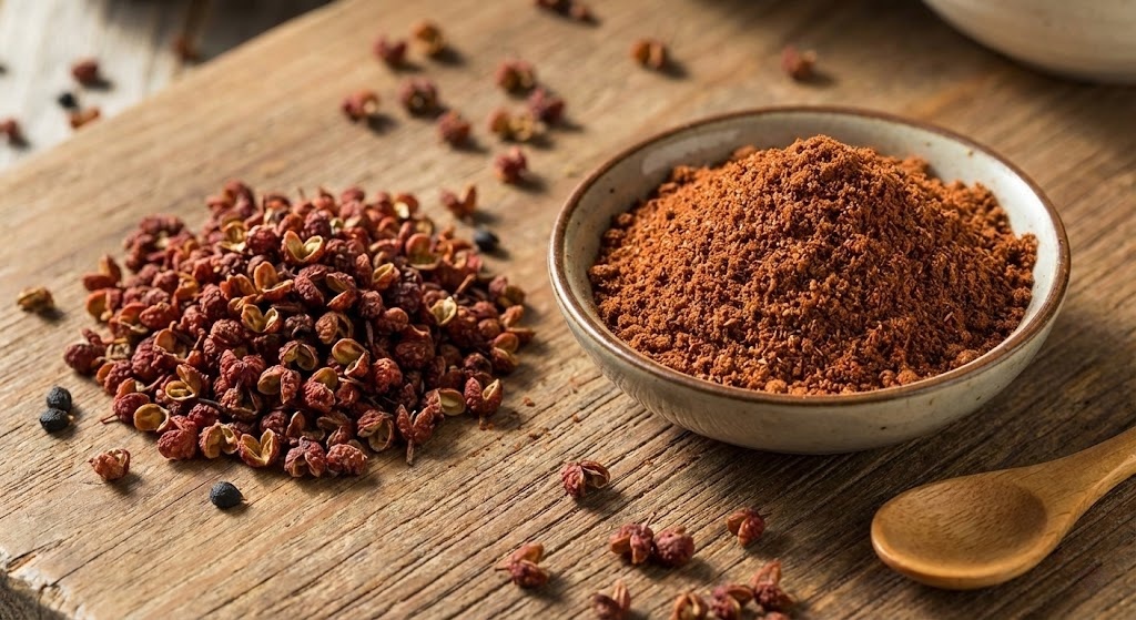Freshly ground Sichuan Peppercorn Powder next to whole dried red peppercorn husks.