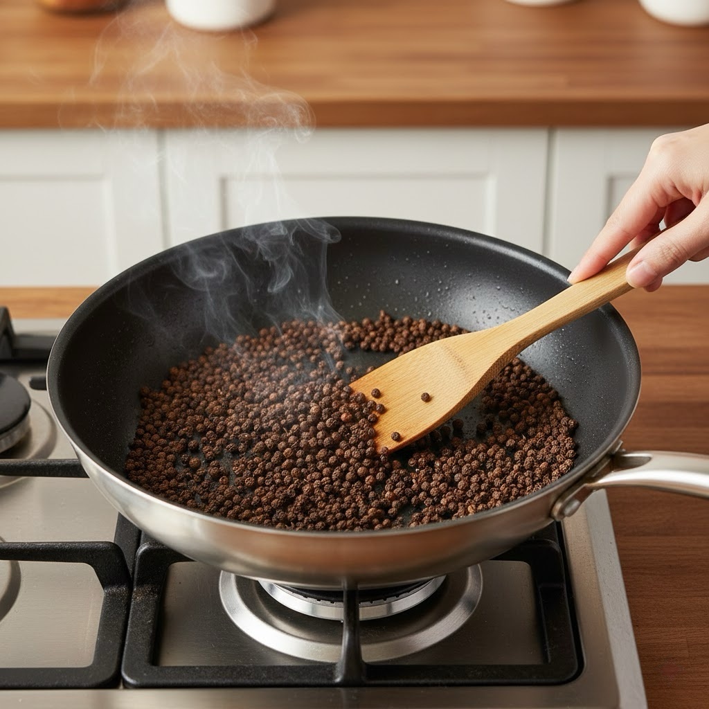 Toasting Sichuan peppercorns in a dry skillet to release essential oils.