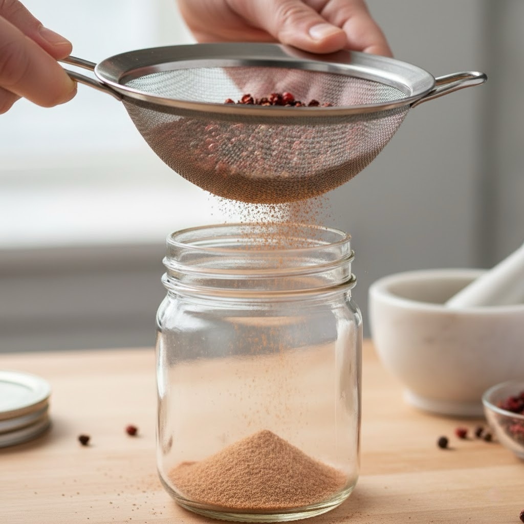 Sifting freshly ground Sichuan peppercorn powder for a silky texture.