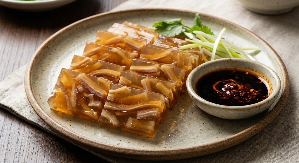 Sliced Chinese Crystal Pork Skin Jelly (Pi Dong) served with a side of dipping sauce.