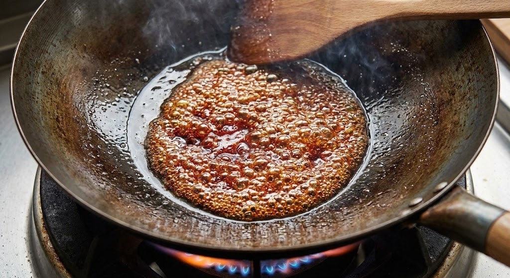 Frying sugar color (Tang Se) in a wok showing the amber caramelization stage