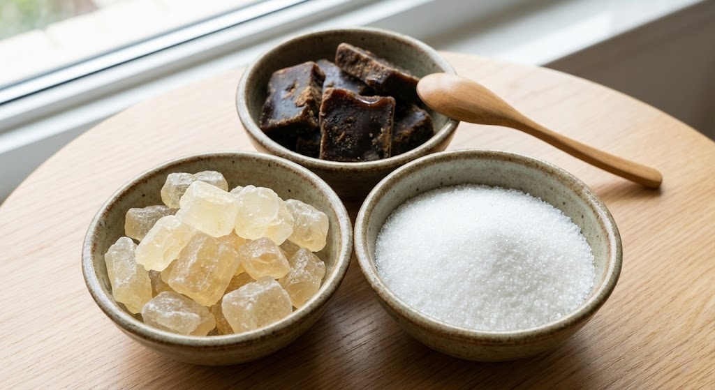 Comparison of Chinese Rock Sugar, Granulated White Sugar, and Brown Slab Sugar for authentic Asian cooking