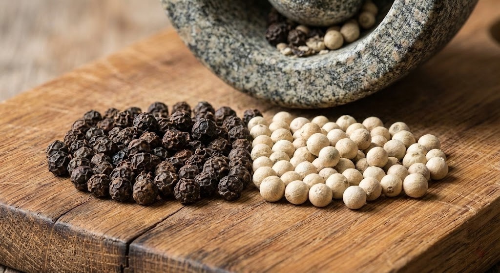 Close up comparison of wrinkled black peppercorns versus smooth white peppercorns on a rustic wooden cutting board.
