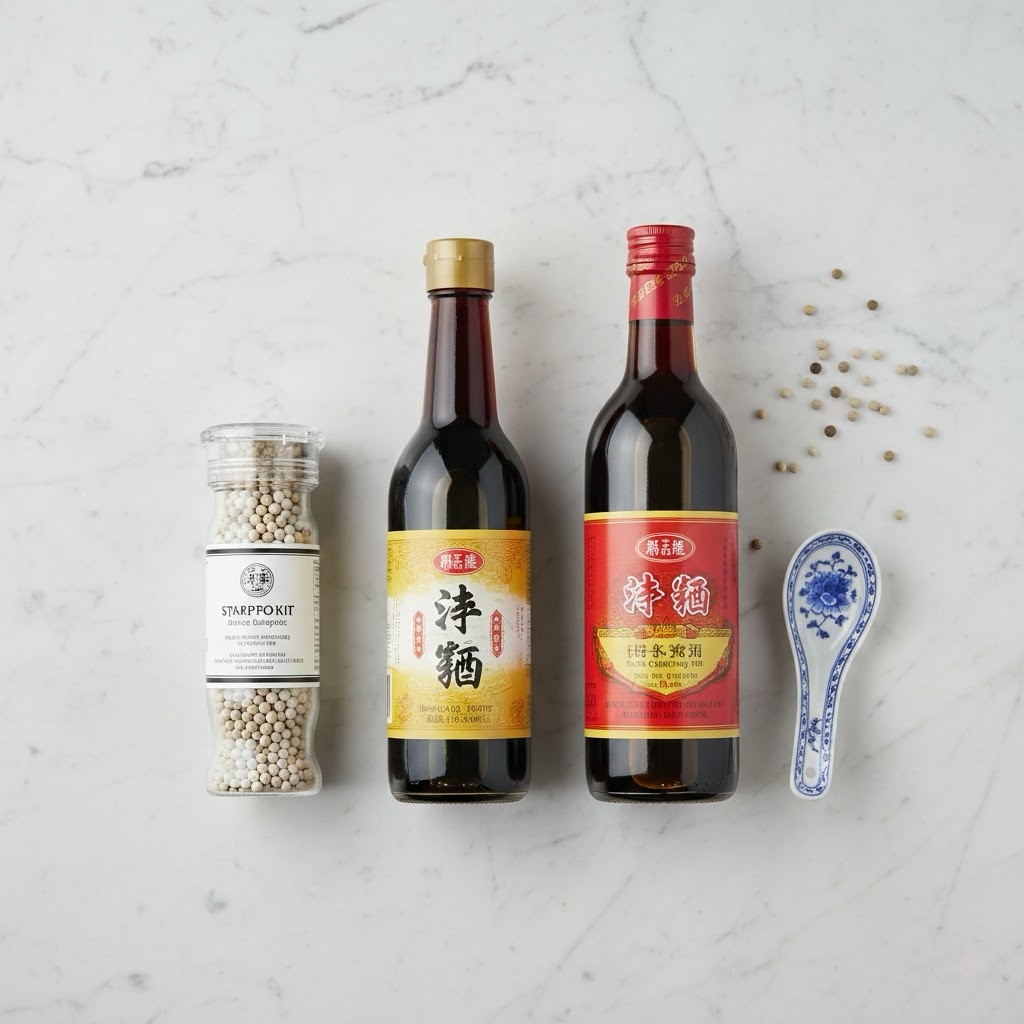 Essential Chinese pantry staples including white pepper, soy sauce, and cooking wine arranged on a marble countertop.