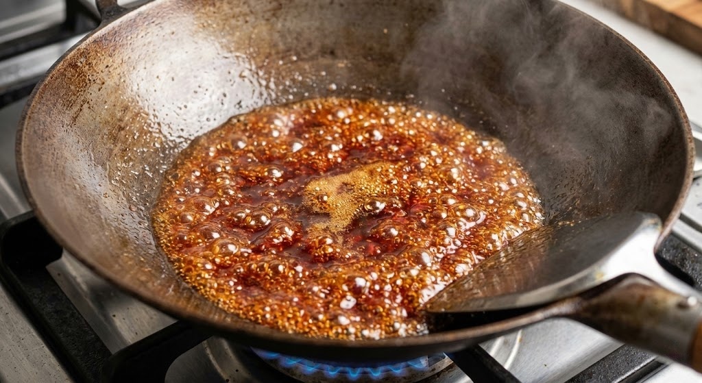 Melting rock sugar in oil in a wok to create sugar color for red braised pork