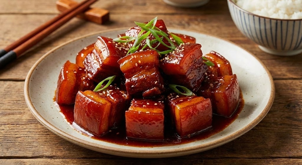 Authentic Red Braised Pork Belly with a glossy sheen made using crushed rock sugar