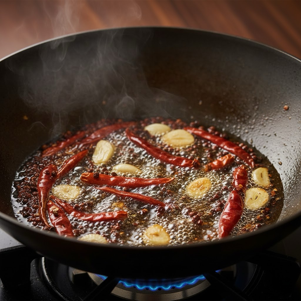 Sizzling dried red chilies in a wok with aromatics for a Sichuan stir-fry.