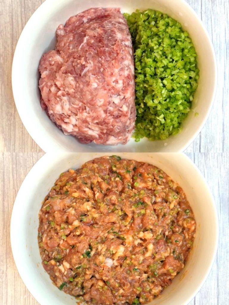 Sticky pork dumpling filling showing developed protein structure for bouncy texture.