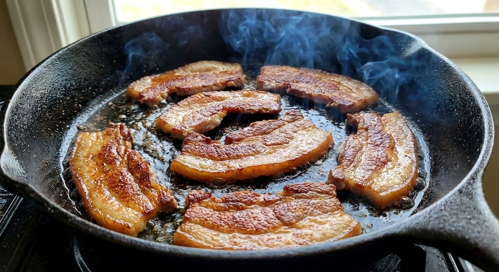 Sliced pork jowl searing in a hot pan with golden brown edges and bubbling oil.
