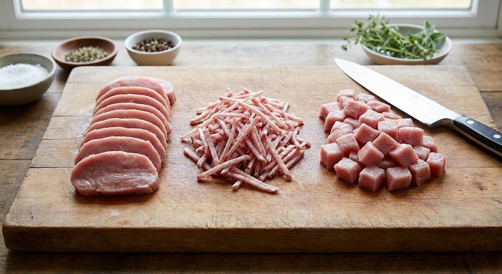 Three different cutting styles for pork tenderloin: slices, shreds, and cubes.