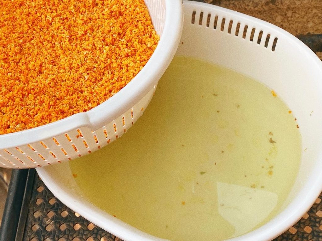The Salt Wash (15 minutes): Boil a large pot of water and stir in the salt until dissolved. Let the water cool to room temperature (around 70°F/21°C). Submerge the fresh osmanthus flowers in the saltwater for exactly 15 minutes.