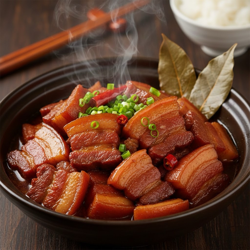 Finished Chinese braised pork belly flavored with bay leaves.