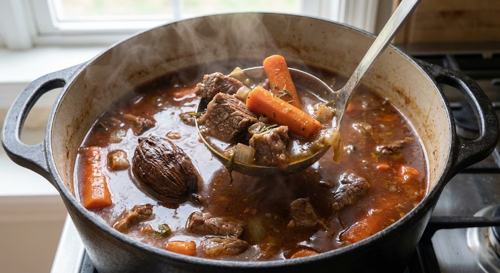 A whole Black Cardamom pod simmering in a rich beef brisket stew with carrots and broth