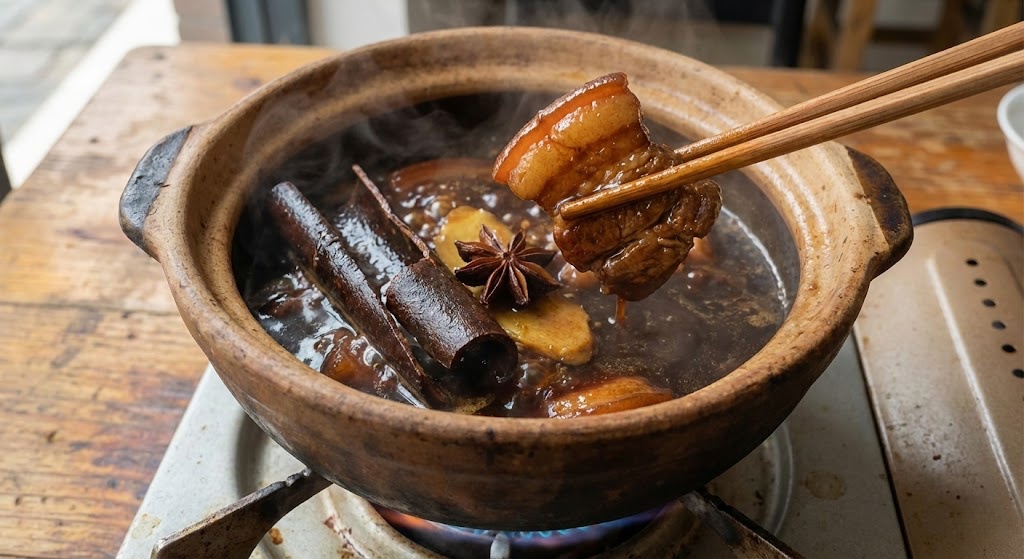 Chinese Cassia bark simmering in a dark soy sauce braise with pork belly and spices.